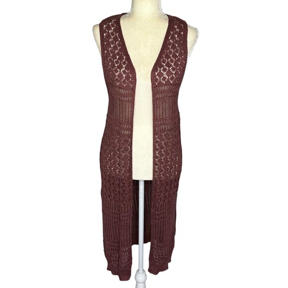 Moral Fiber Crochet Cardigan Duster Medium Open Front Dusty Rose Boho Festival - Picture 1 of 8